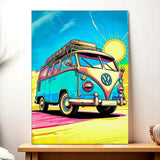 Impression toile Tableau Combi : combi Volkswagen turquoise et jaune vibrant avec accents arc-en-ciel