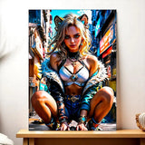 Impression dart numérique vibrante de Tableau Xilonen : femme blonde style anime aux oreilles de chat, en haut armuré argent et bleu à bordure fourrée et short en denim