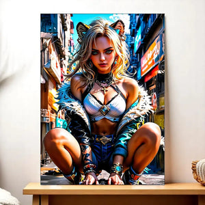 Impression dart numérique vibrante de Tableau Xilonen : femme blonde style anime aux oreilles de chat, en haut armuré argent et bleu à bordure fourrée et short en denim