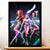 Artwork Tableau Huntrix : guerrières stylisées en armure argent et rose sur fond cosmique