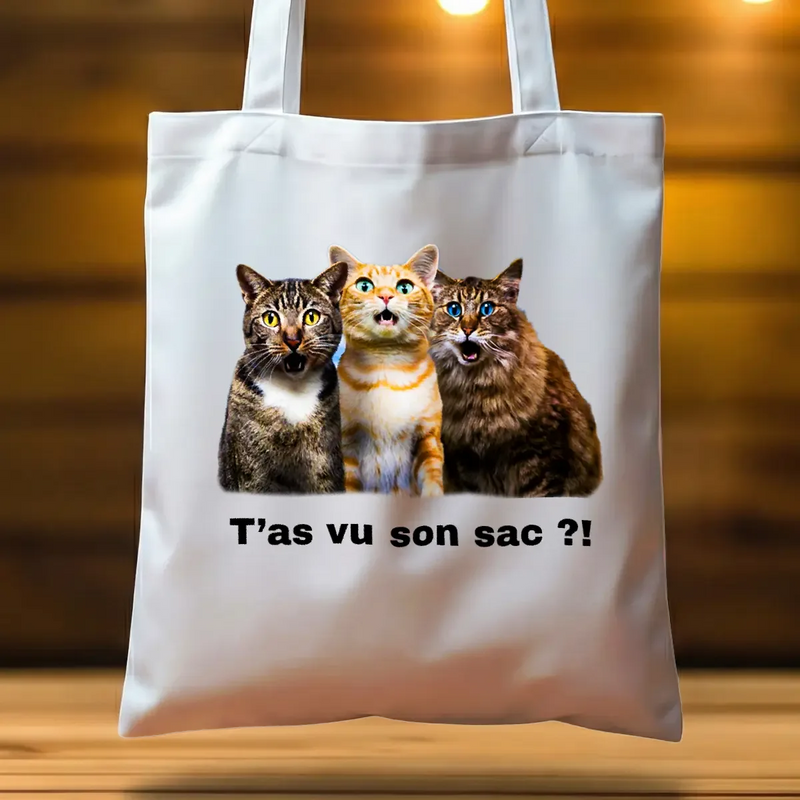 Sac cabas blanc personnalisé avec trois chats et T’as vu son sac ?!